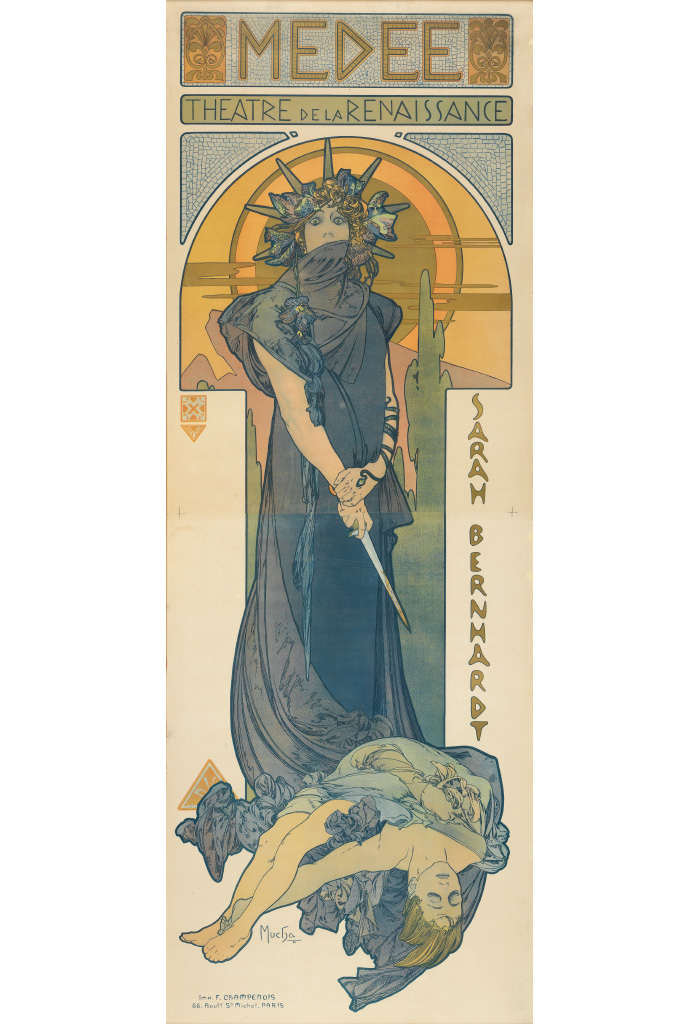 ALPHONSE MUCHA (1860-1939). MEDEE / SARAH BERNHARDT. 1898. 81x29 inches, 207x75 cm. F. Champenois, Paris.